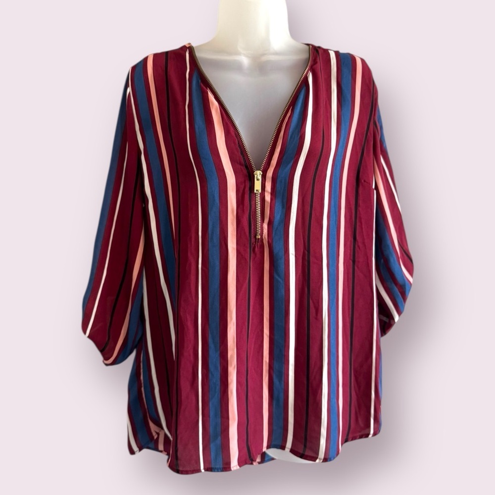 Rue21 Striped Zip Front Blouse Red Blue Lightweight Top Size M
